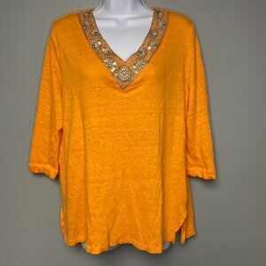 Chico's Orange Linen Embellished V-Neck Resortwear Beach Tunic Women's Size L